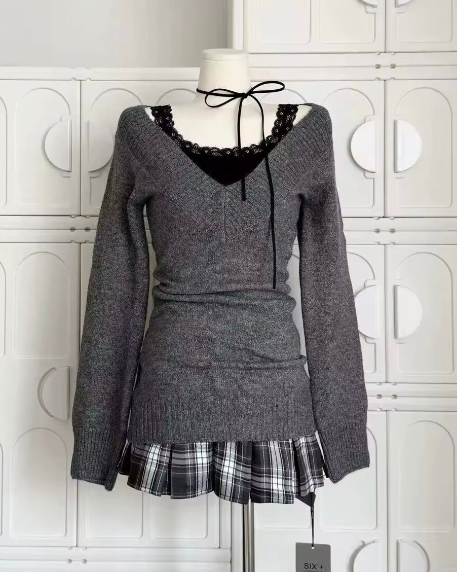 balletcore fashion sweater set with lace vest