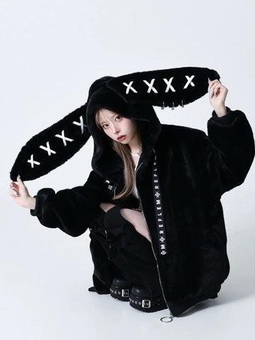 Cute fluffy faux fur hoodie with ears and zipper in punk aesthetic