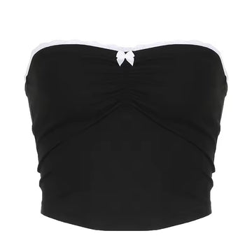 Dark coquette tube top with contrast bow stitching and lace trim