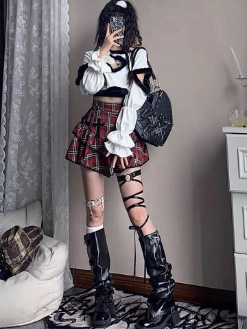 E-girl red plaid mini skirt with high-waisted ruffle details for punk and gothic fashion lovers
