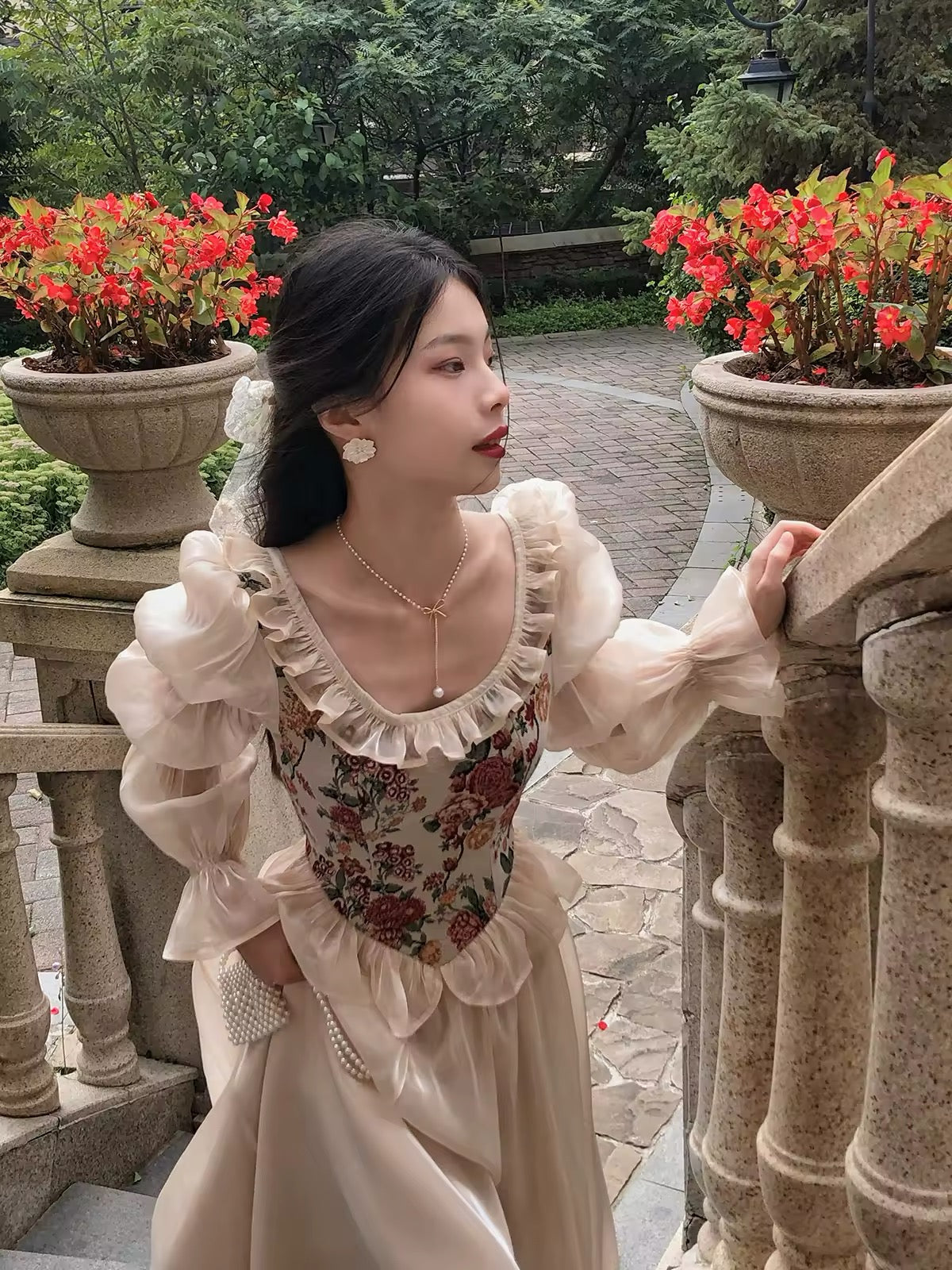 Vintage Fairycore Floral Midi Dress – Floral Puff Sleeve Vintage Gown