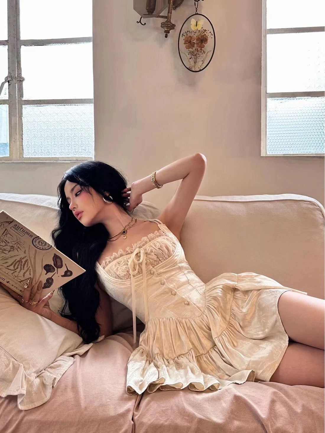 Cream mini fairycore dress with lace corset and square neckline.