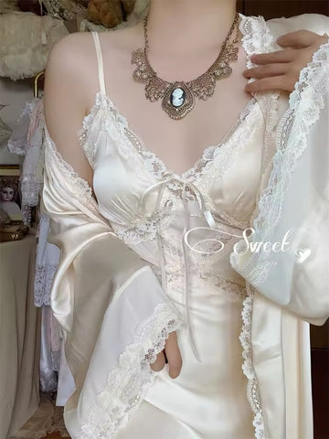Elegant satin French silk dress with lace and robe