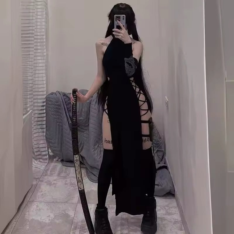 Gothic Halter Midi Dress High Slit Criss-Cross Bodycon AGCW Gothic Halter Midi Dress High Slit Criss-Cross Bodycon AGCW