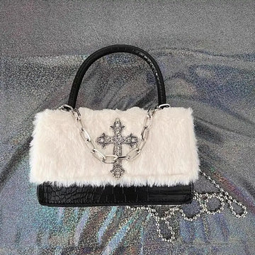 Gothic cross plush handbag with silver chain strap for e-girl outfits