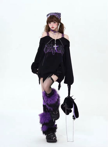 Grunge aesthetic sweater with off shoulder and zipper in black color for punk streetwear