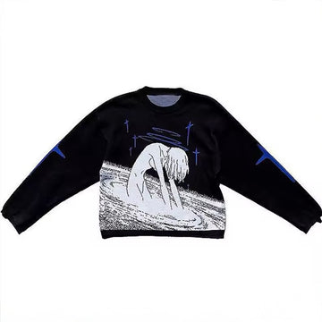 Black gothic anime sweater featuring a kneeling girl in white swirl graphic