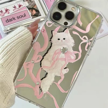 Kawaii Bow Kitten iPhone Case with Pink Cat and Mirror Design