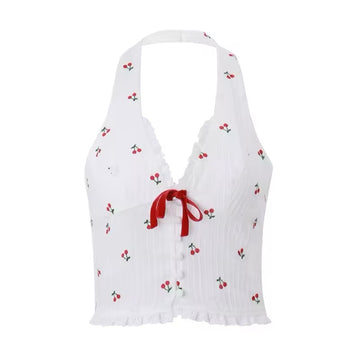 Korean-inspired sleeveless crop camis with a cherry print