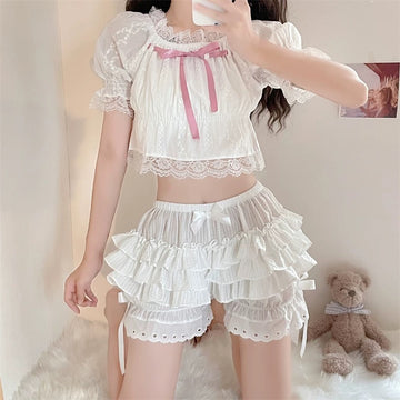 Cute white lolita ruffle bloomers with lace and bows for women