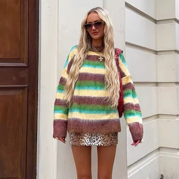 Colorful mohair striped sweater styled with jeans