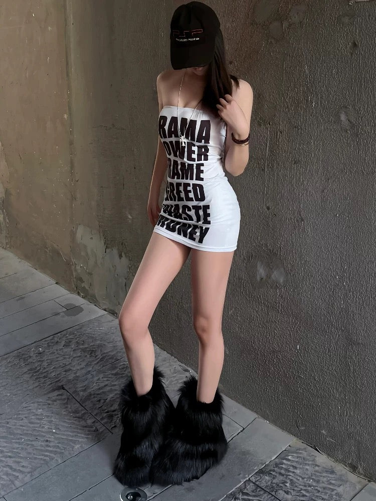 Y2K Letter Tube Dress 2000s Strapless Club Style for E-Girl AGCW Y2K Letter Tube Dress 2000s Strapless Club Style for E-Girl AGCW