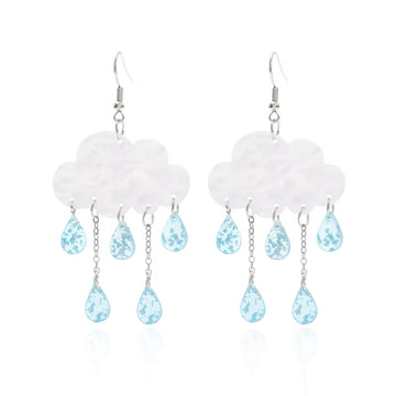 Fairycore rain cloud earrings with acrylic clouds and colorful resin raindrops, perfect handmade jewelry for whimsical girls and women