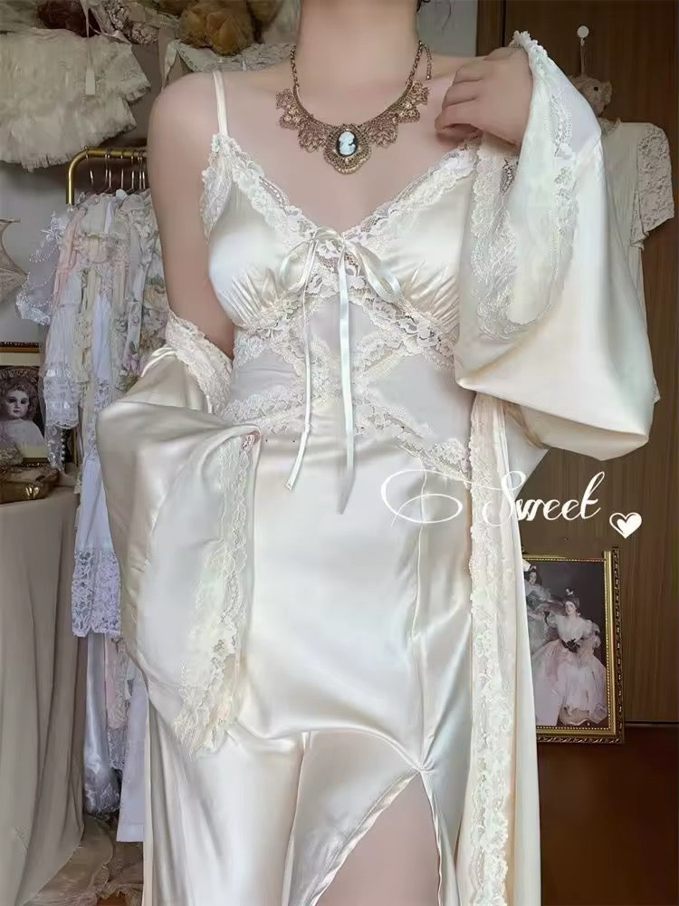 Elegant satin French silk dress with lace and robe