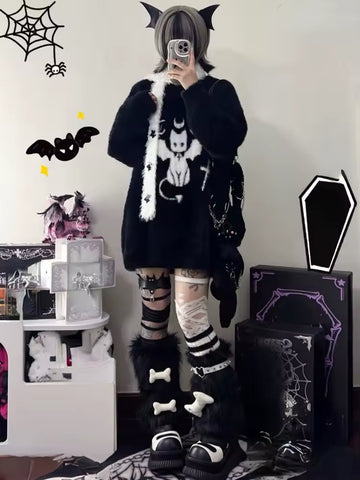 Styled with furry leg warmers and statement boots for edgy fashion look.
