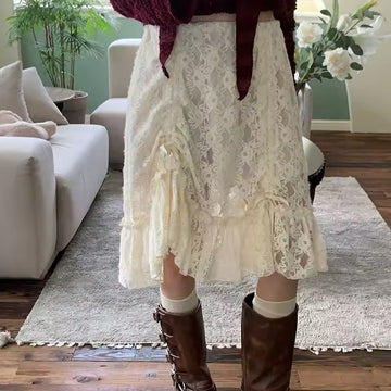 Y2K aesthetic low-rise lace bandage skirt with ruffle details
