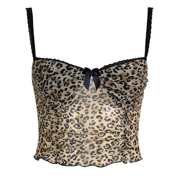 Y2K leopard print mesh top with lace and bow detail