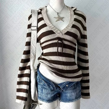 Vintage Y2K slim fit knit sweater with horizontal stripes, ideal for punk, emo, and grunge girl fall and winter fashion outfits