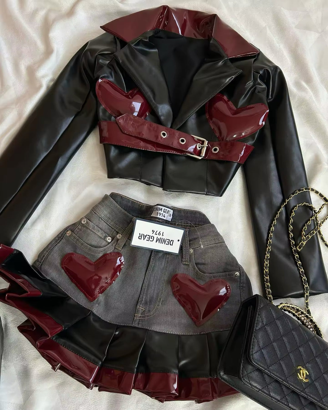 y2k leather set with heart jacket and pleated mini skirt