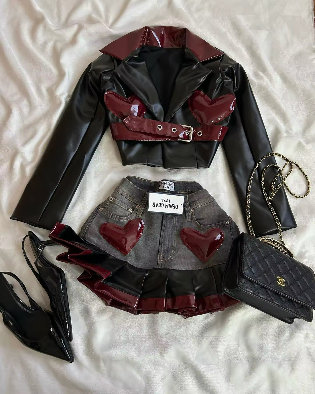 y2k leather set with heart jacket and pleated mini skirt