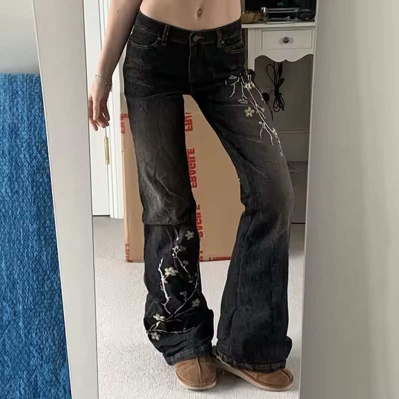 Side view of Y2K denim pants with bootcut silhouette