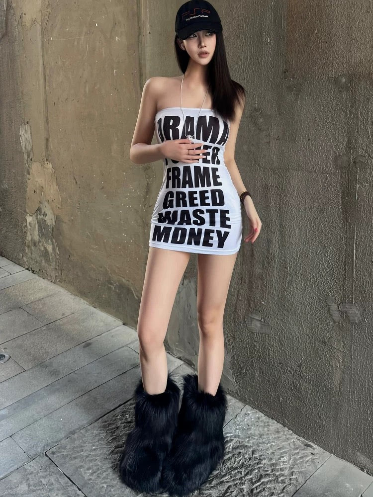 Aesthetic 2000s girl strapless mini dress with dramatic typography