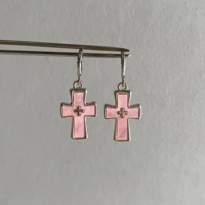 Harajuku Y2K drop earrings with pink cross design, crystal accessory for EMO girls, rave parties, or gothic scene styling
