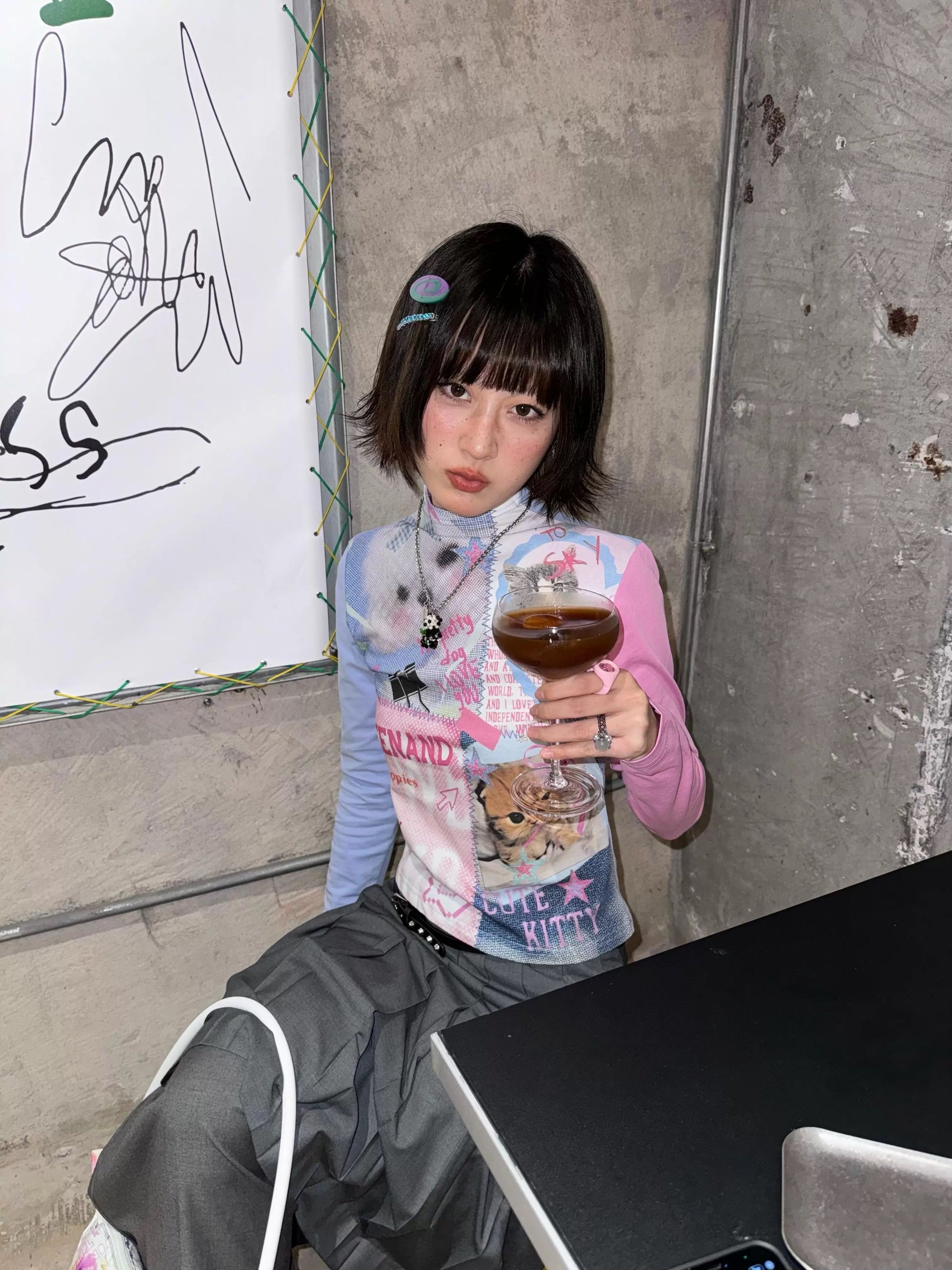Y2K dopamine aesthetic patchwork t-shirt, vintage pet print long sleeve tee, trendy American retro streetwear top, Harajuku-inspired soft girl outfit