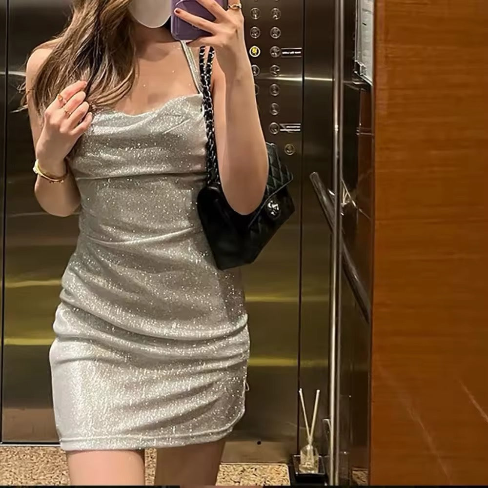 Y2K rave club dress with soft shimmer and body-hugging silhouette