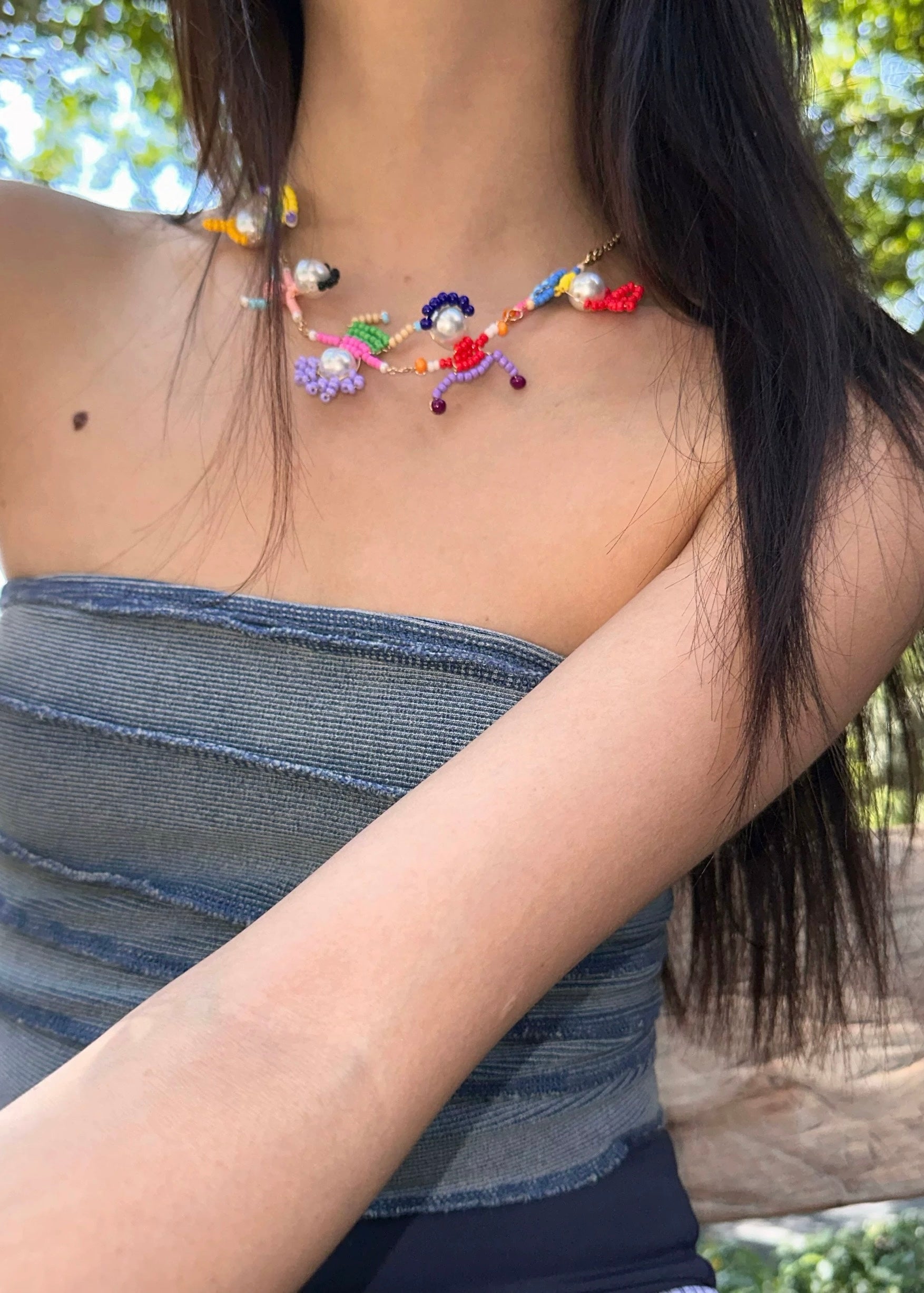 Colorful beaded Kidcore necklace with cute cartoon character charm, vintage Y2K aesthetic jewelry for egirl fashion and trendy statement accessories