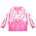 Model showcasing oversized fit with retro pink aesthetic appeal.