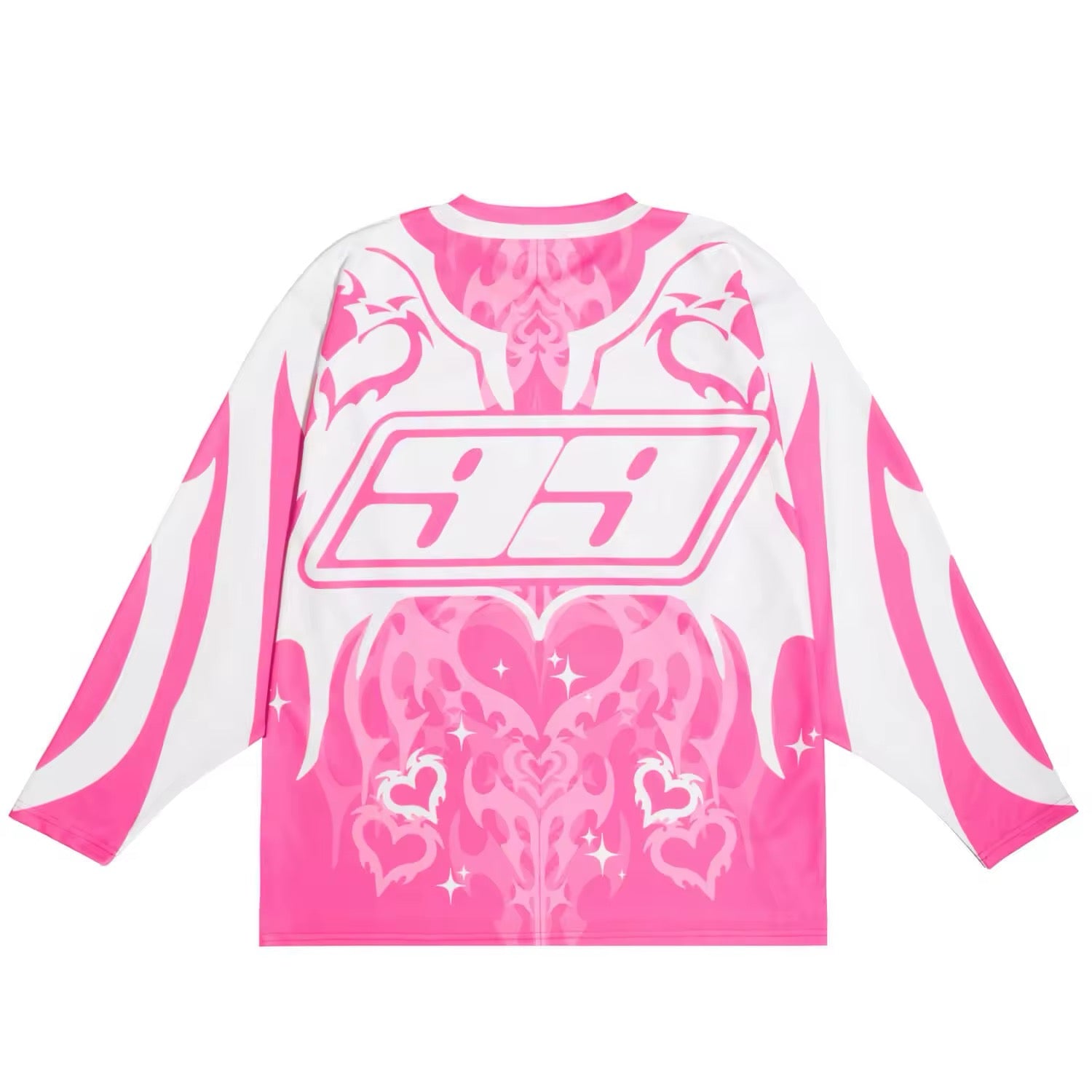 Model showcasing oversized fit with retro pink aesthetic appeal.