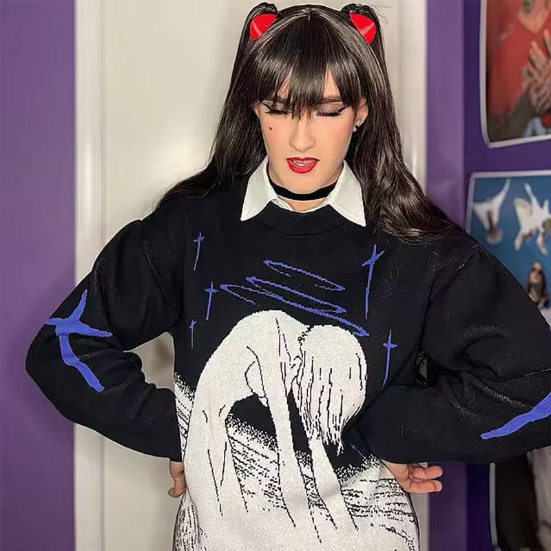 Cute gothic pullover with lazy girl campus style print