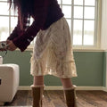 Soft girl vintage-inspired lace midi skirt in beige
