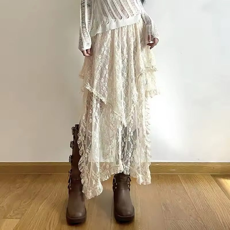 Fairycore beige lace skirt with ruffled asymmetrical hemline
