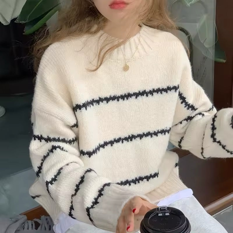 Korean fashion sweater with horizontal stripes