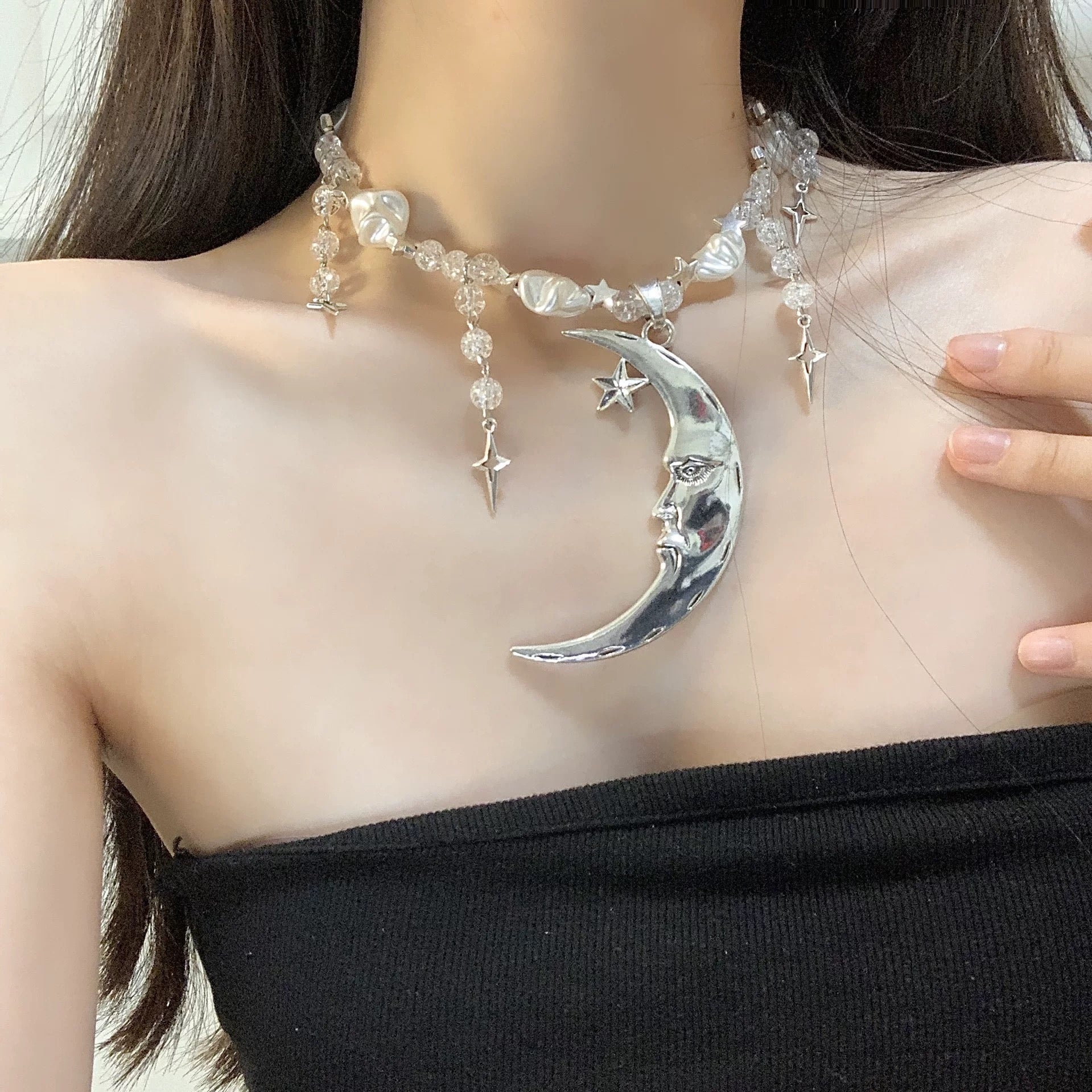 Luxury celestial moon necklace with star pendant, gothic-style pearl choker for witchy, soft girl, and Y2K aesthetic fashion statement jewelry
