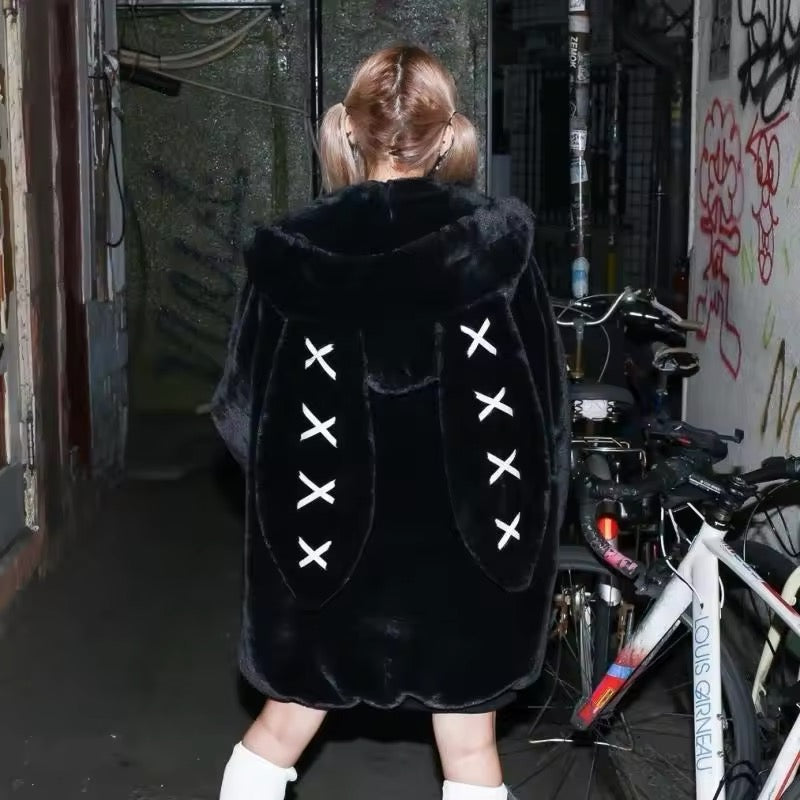 Harajuku girl fashion coat with bunny ears and fluff