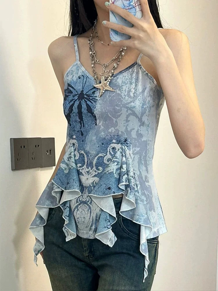 Pastel blue asymmetrical crop top, stylish Fairycore aesthetic camis, trendy sleeveless tank top with floral ruffles, Y2K-inspired vintage fashion