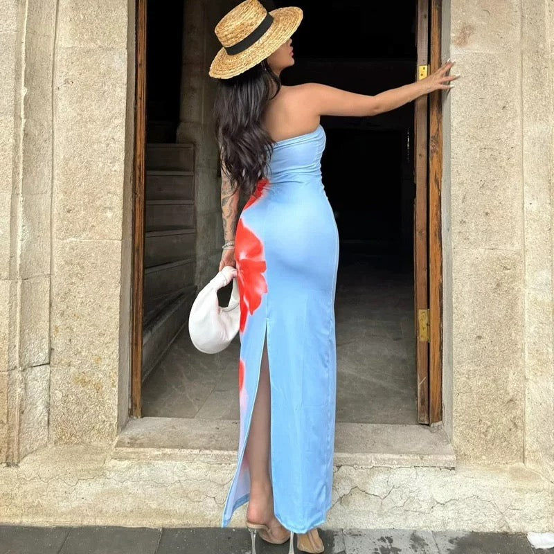 Tight tube top dress with open back and elegant flow
