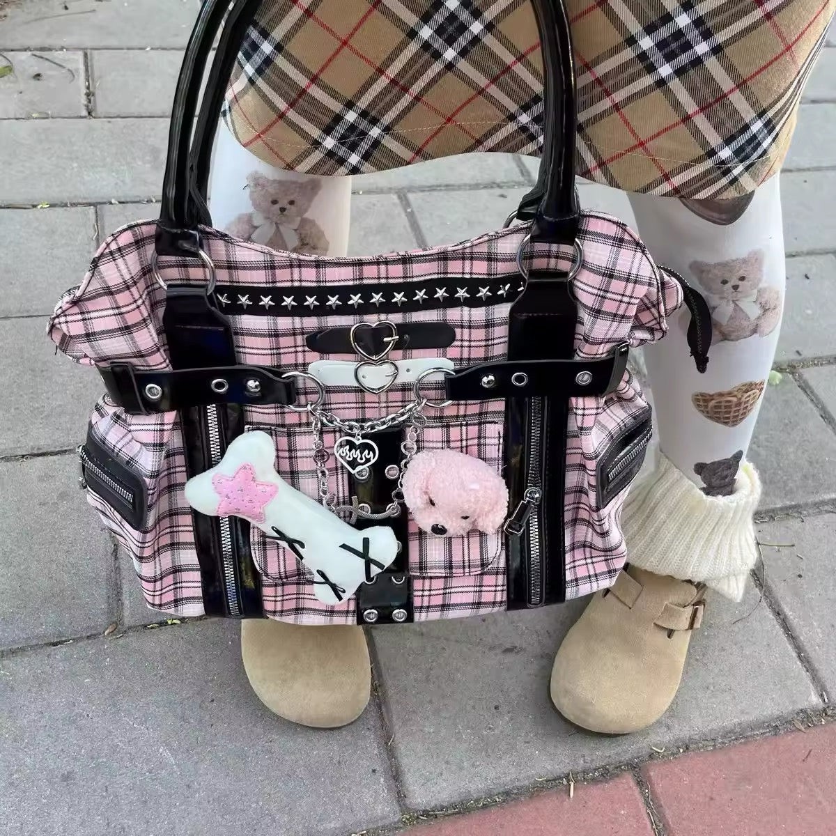 Close-up of the rivet embellishments, emphasizing the punk aesthetic.

