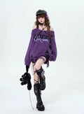 Soft cozy Harajuku style sweater with gothic print and open neckline