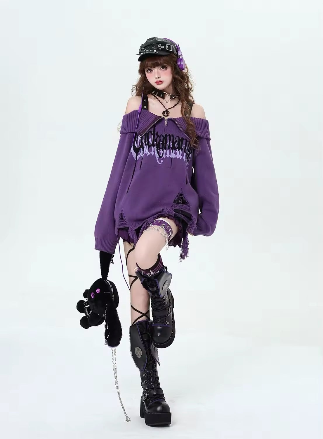 Soft cozy Harajuku style sweater with gothic print and open neckline