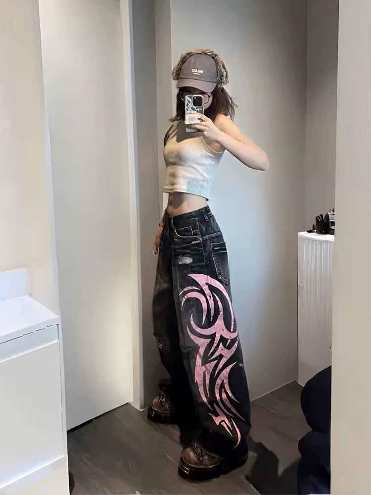 Graphic print wide-leg jeans for tomboy Y2K outfit