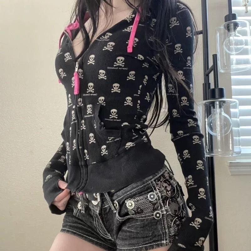 Y2K Skeleton Zip-Up Hoodie - Black Skeleton E-Girl Punk Hoodie – AGCW