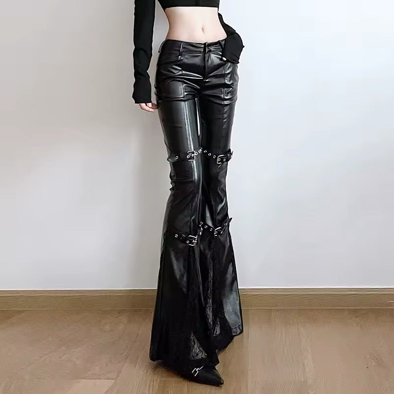 Alternative fashion gothic leather pants, sexy low-waisted PU leather flare trousers with buckle straps and lace details for edgy Y2K streetwear outfits