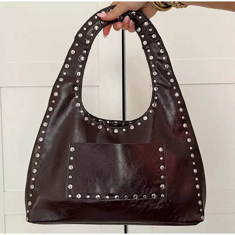 American retro leather handbag with rivets and oil wax finish