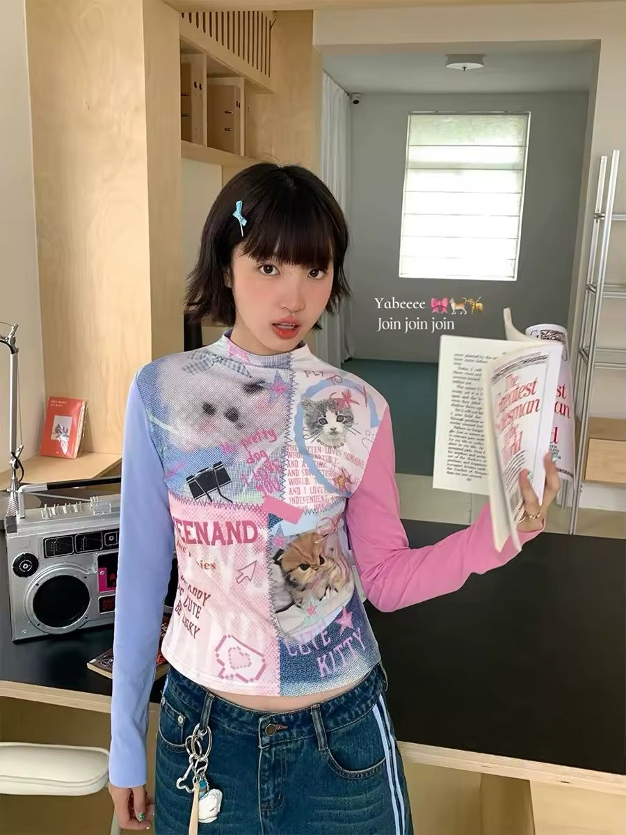 American retro long sleeve tee, Y2K patchwork pet print shirt, trendy vintage dopamine fashion streetwear top with cat and dog prints, soft girl aesthetic