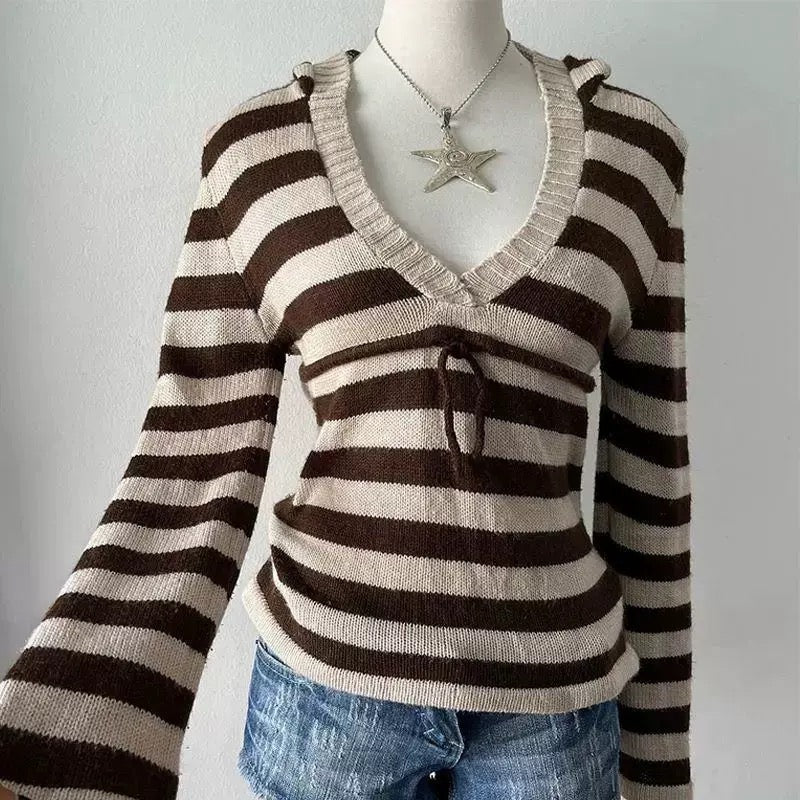 American retro sweater with Y2K striped design, slim fit knit pullover perfect for emo, punk, and Harajuku aesthetic streetwear looks