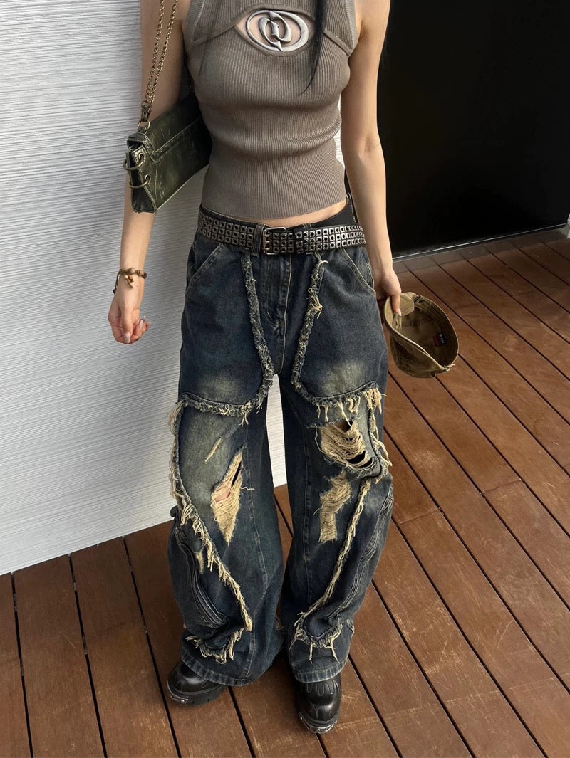 American Trashy Cargo Jeans, oversized Y2K aesthetic denim pants with ripped details, high-waisted fit, and Harajuku hip-hop vintage streetwear vibes